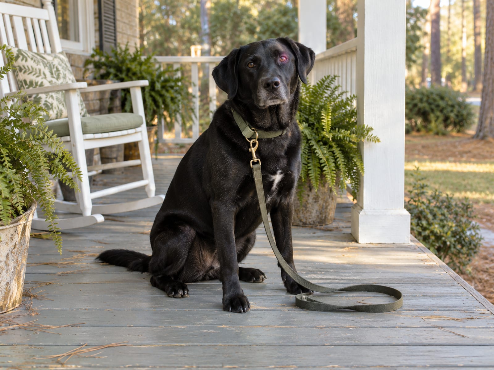 Black Labrador mix sitting on a front porch with a white rocking chair and potted ferns, leash resting on the boards