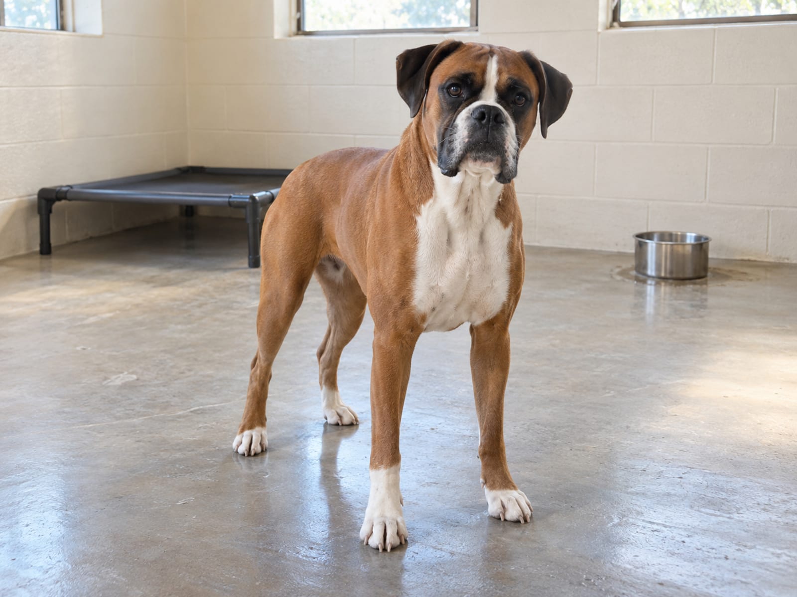 Boxer standing on a clean sealed concrete floor in a bright indoor dog room with a raised cot and steel water bowl behind