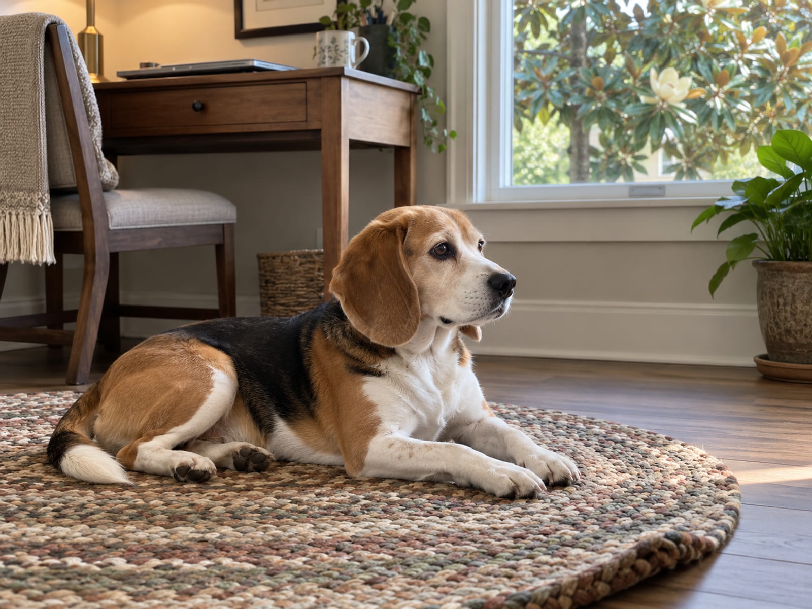 Beagle lying on a braided rug beside a home desk with a closed laptop and coffee mug, magnolia tree outside the window