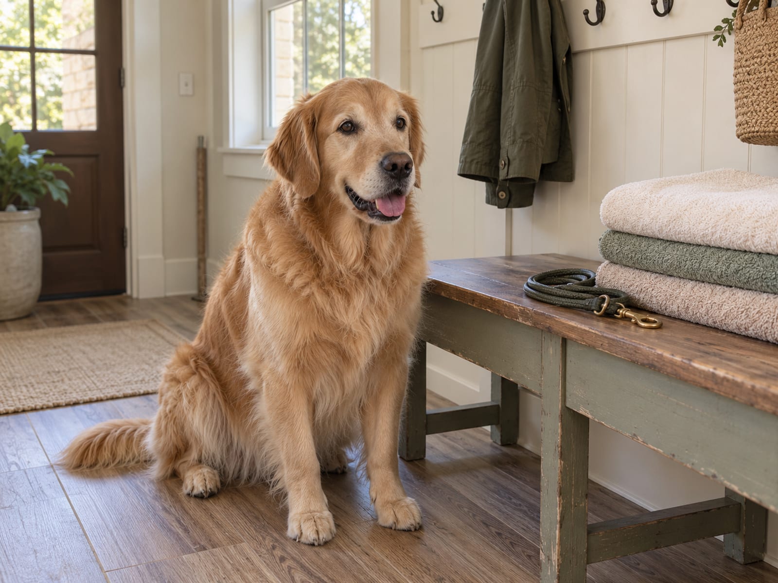 Golden retriever sitting beside folded plain towels and a coiled leash on a wooden bench in a tidy mudroom