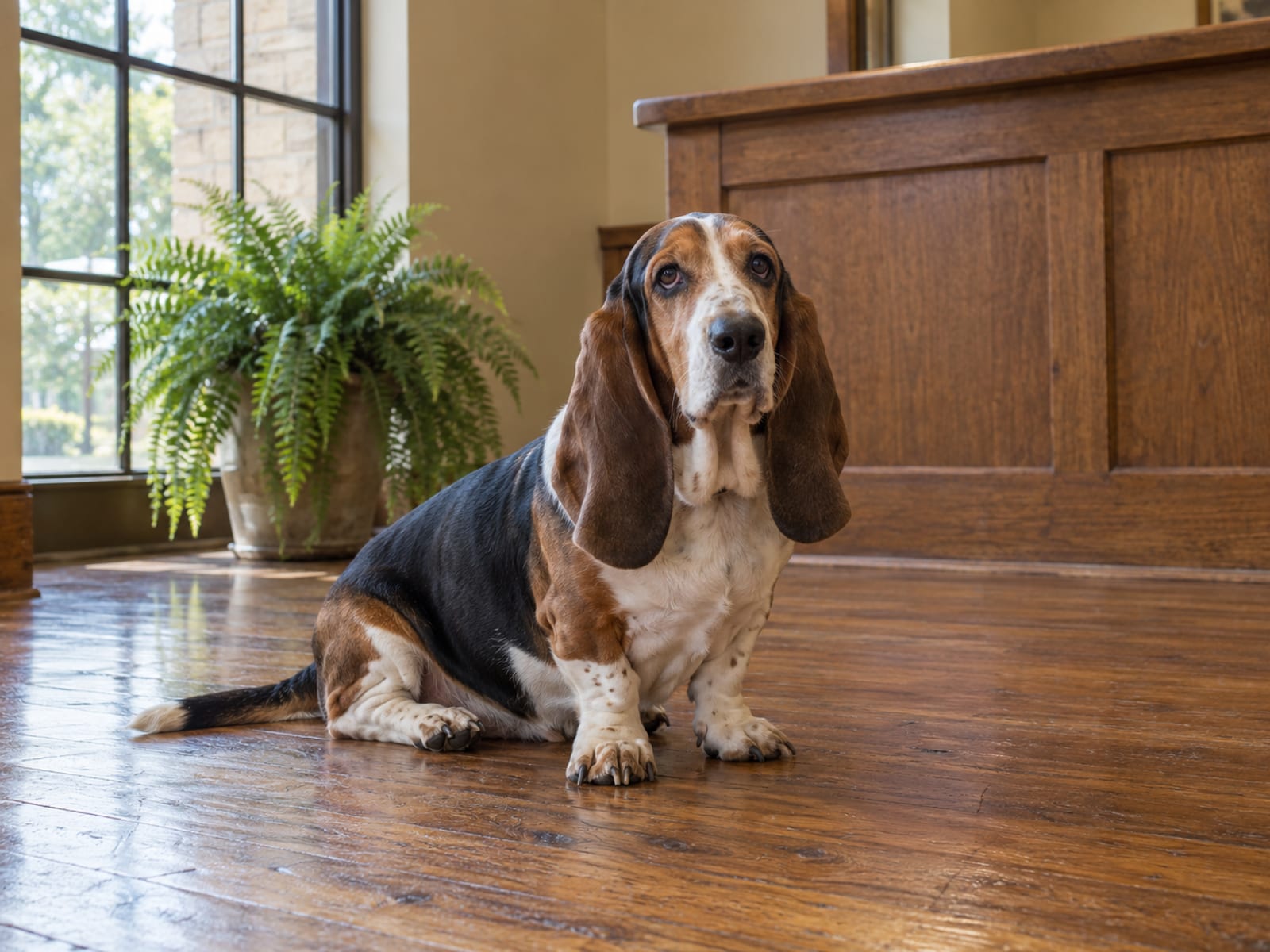Basset hound sitting on a polished wooden floor in a small county office lobby with a plain wooden counter and potted fern