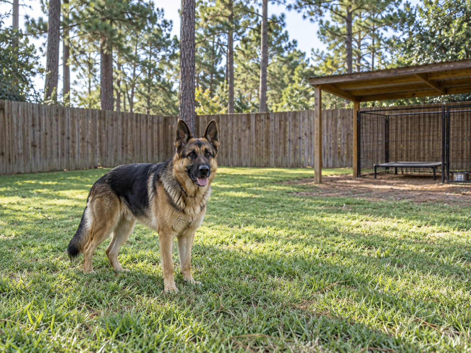 German shepherd standing in a spacious fenced grass yard with an open sided shade shelter and tall pines beyond a solid wooden fence