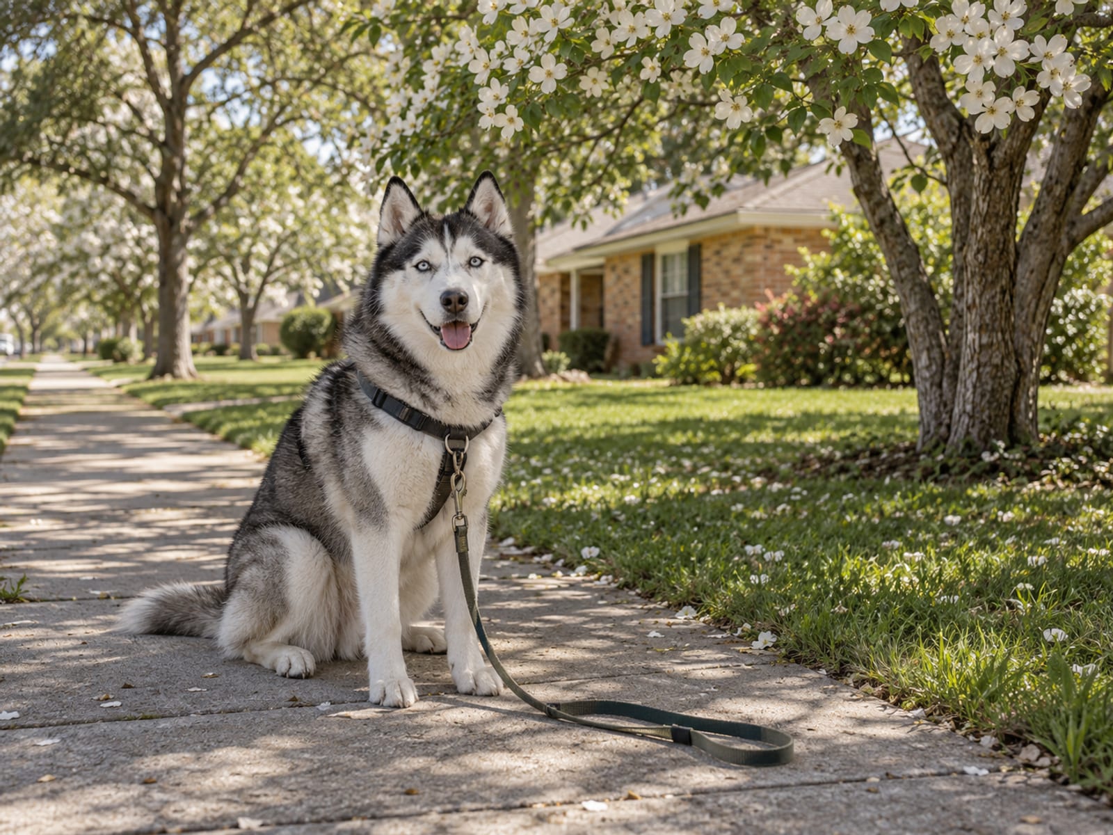 Siberian husky sitting on a quiet suburban sidewalk lined with dogwood trees with a leash trailing slack