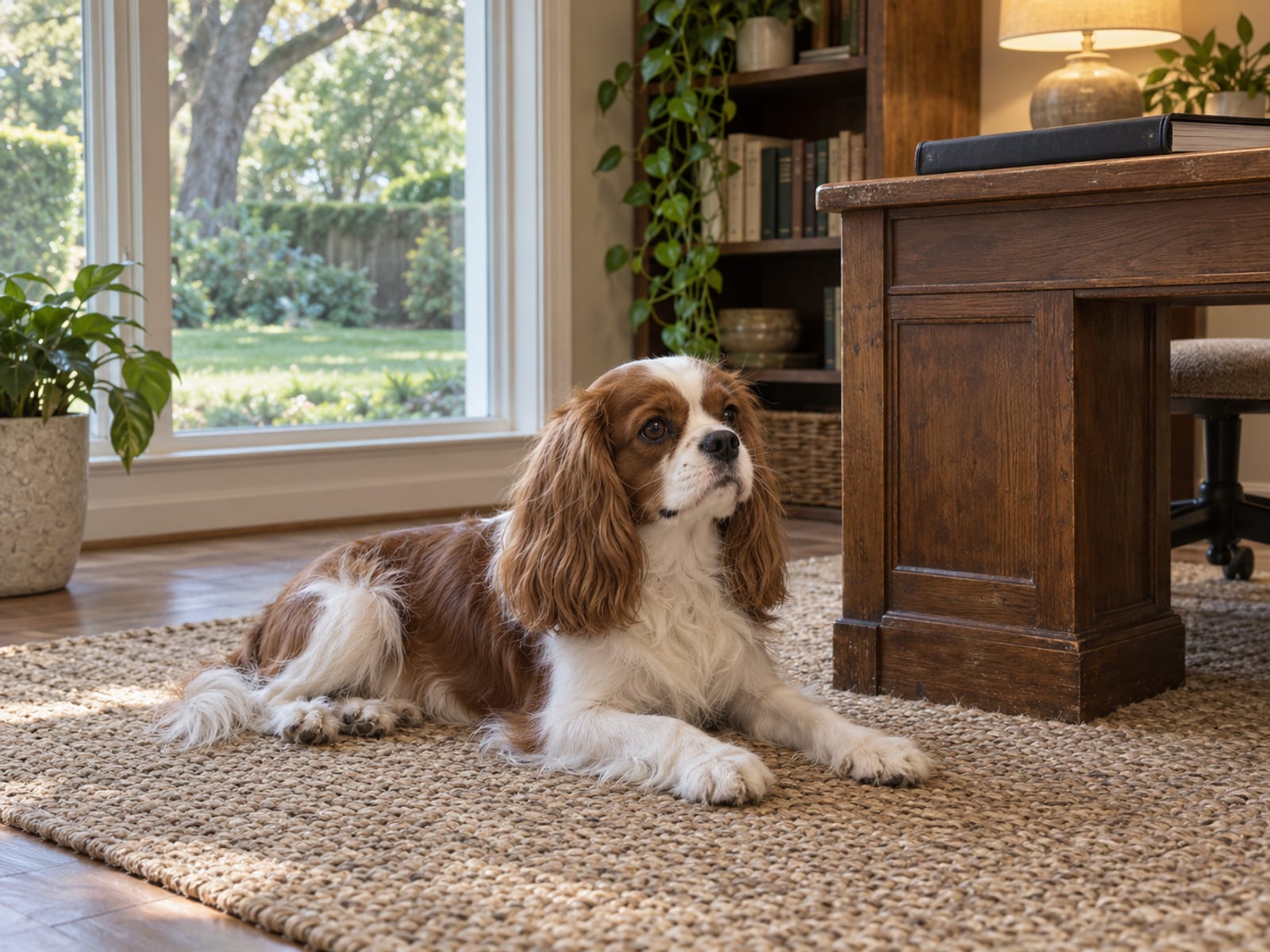 Cavalier King Charles spaniel lying on a rug beside a plain wooden desk with a closed binder and a lamp