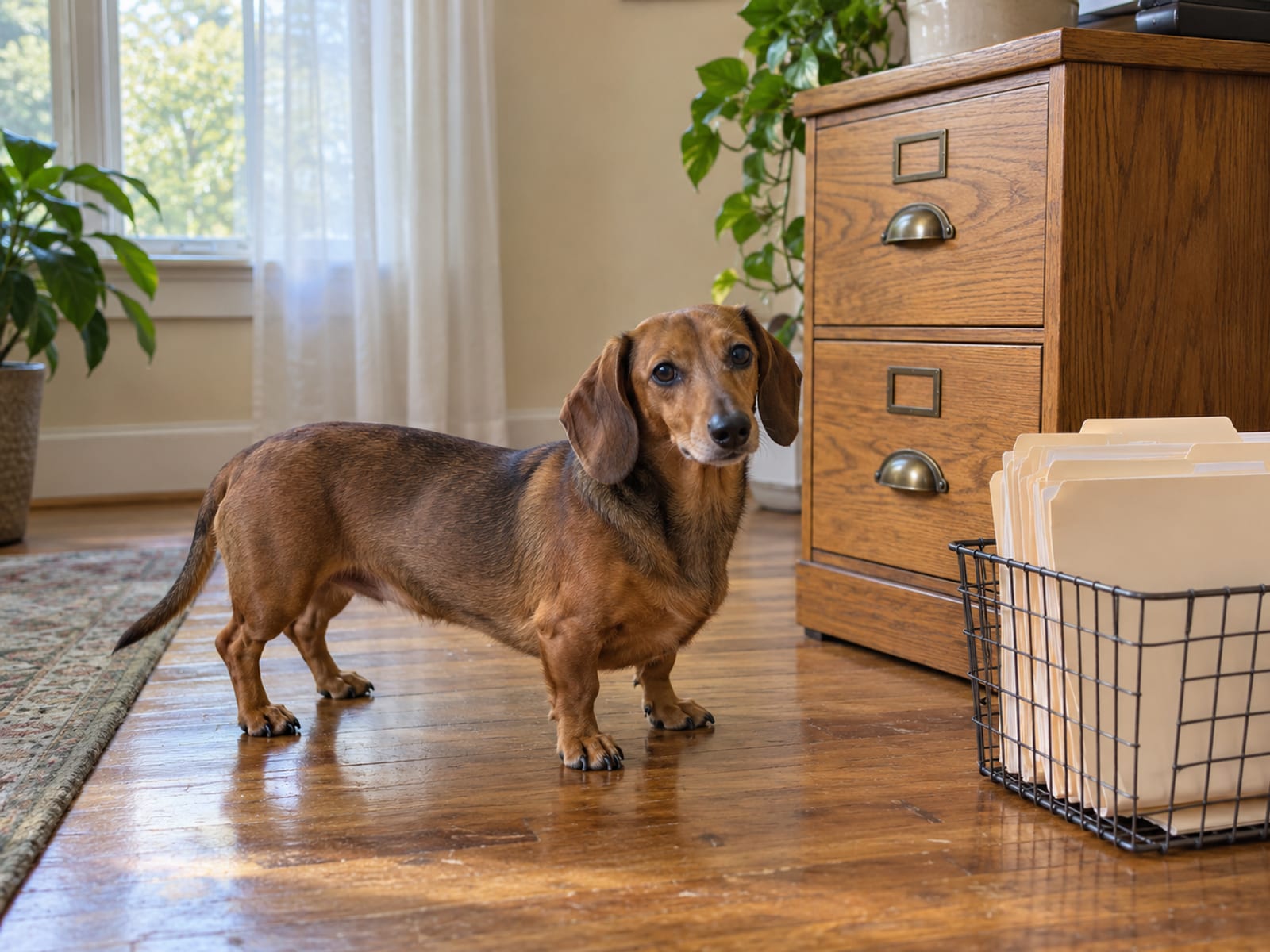 Brown Dachshund standing on a sunlit hardwood floor beside a small oak filing cabinet and a wire basket of blank folders