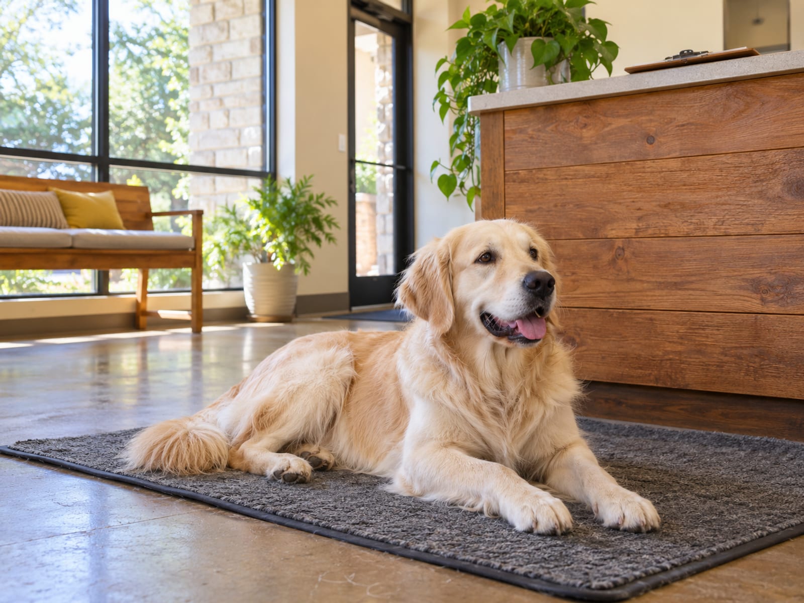 Cream golden retriever lying on a washable mat beside a wooden reception counter in a daycare lobby with a closed clipboard