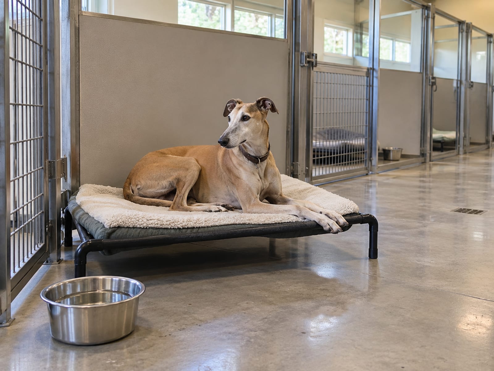 Fawn Greyhound resting on a padded cot in an airy kennel run with sealed concrete floor and steel water bowl
