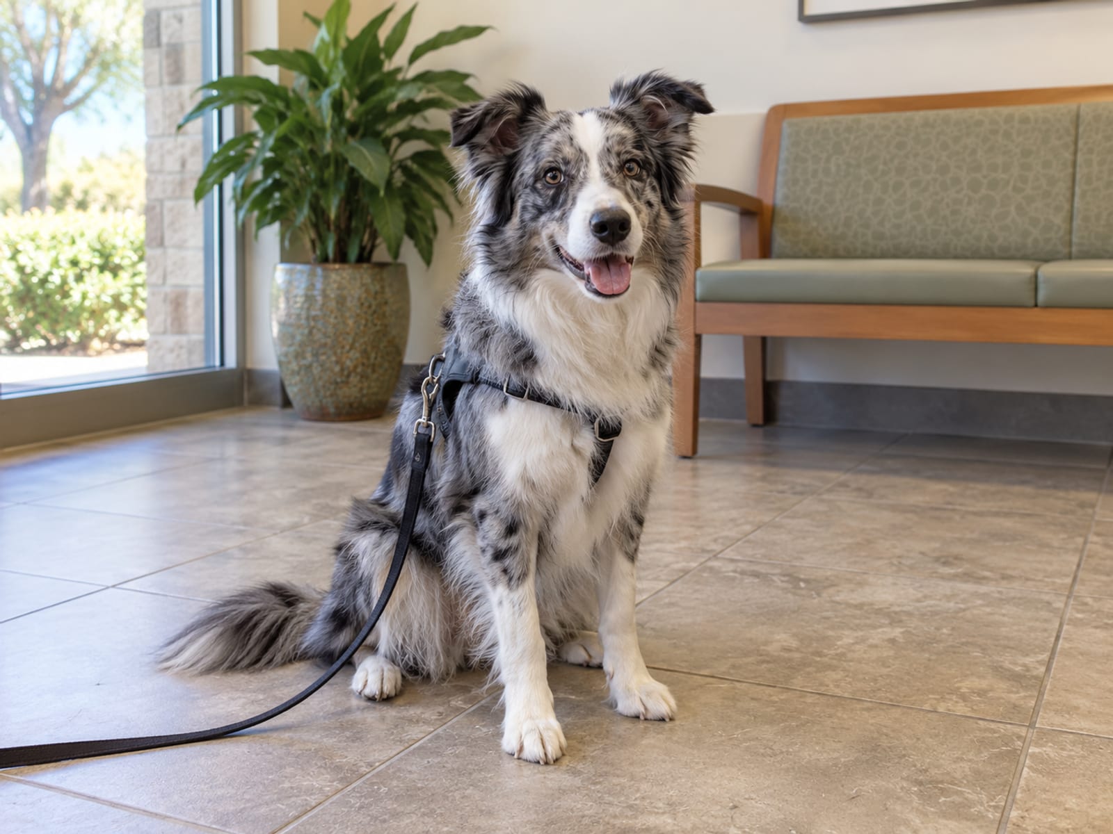 Grey merle Border collie sitting upright on a clean tile floor in a quiet veterinary waiting area with a bench and potted plant
