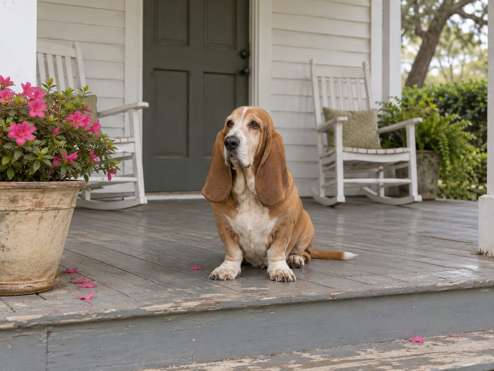 Tan Basset hound sitting on the covered porch of a small white clapboard storefront with a closed door and two rocking chairs
