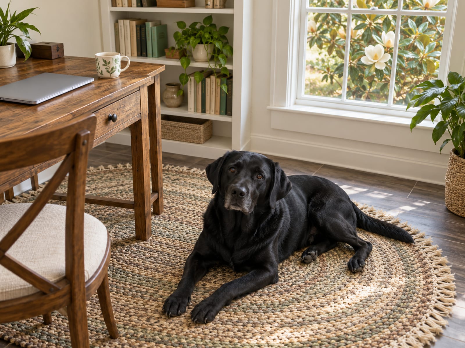 Black Labrador retriever lying on a braided rug beside a small wooden desk with a closed laptop and ceramic mug