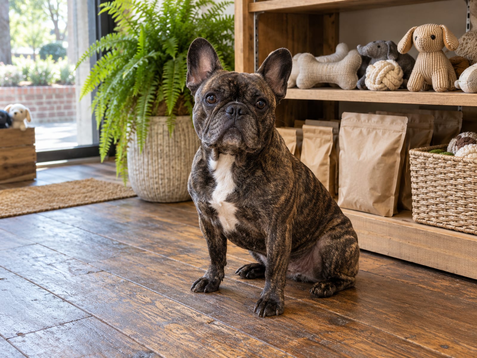 Brindle French bulldog sitting on a wood plank floor in front of a low wooden display shelf with plain cloth toys and kraft paper bags