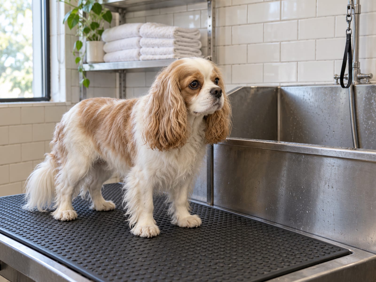 Cream Cavalier King Charles spaniel standing on a non-slip mat beside a deep stainless grooming tub with white tile walls