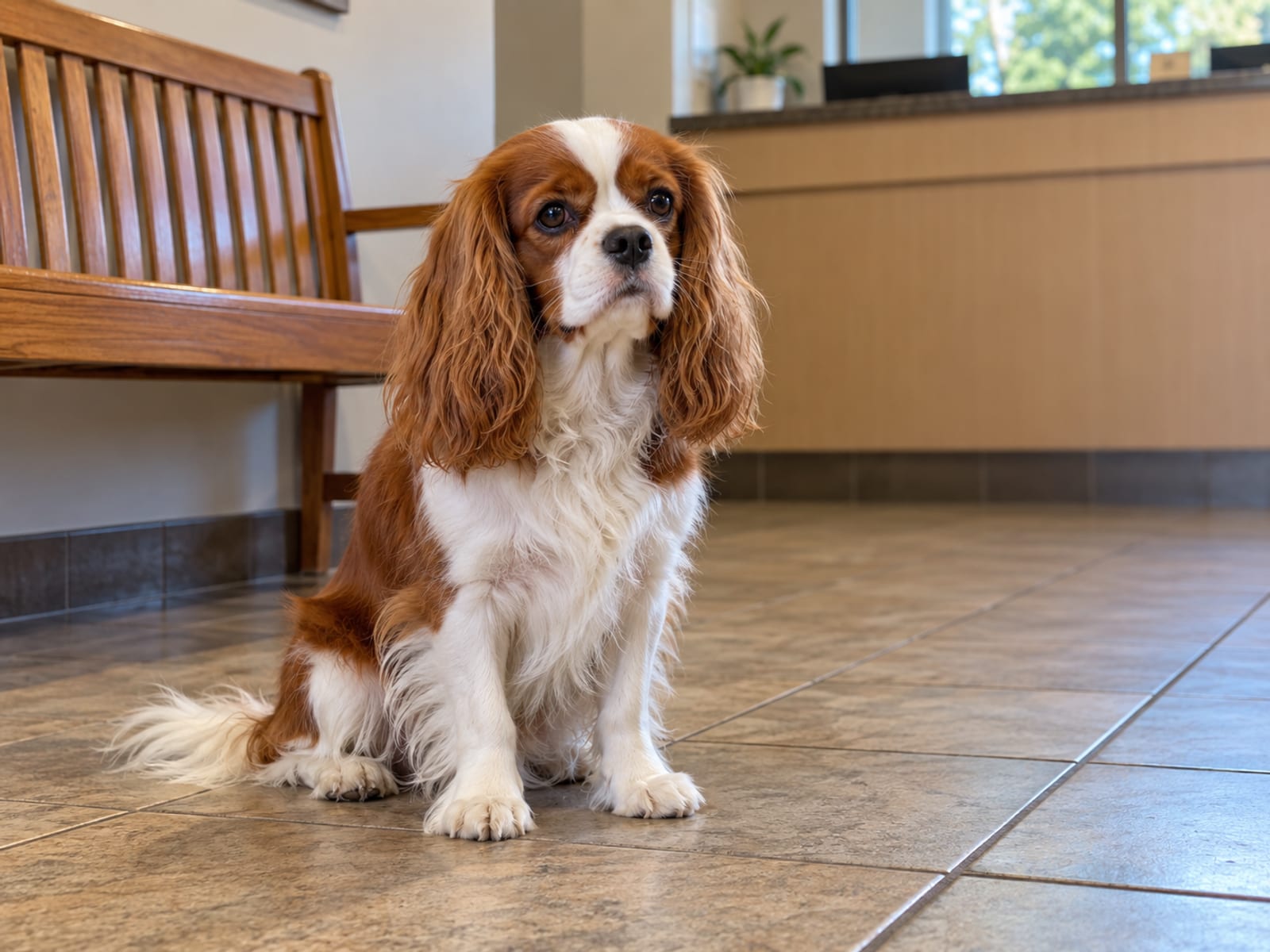 A cavalier King Charles spaniel sitting calmly on a tile floor in a veterinary clinic waiting area with a wooden bench and a plain reception counter behind.