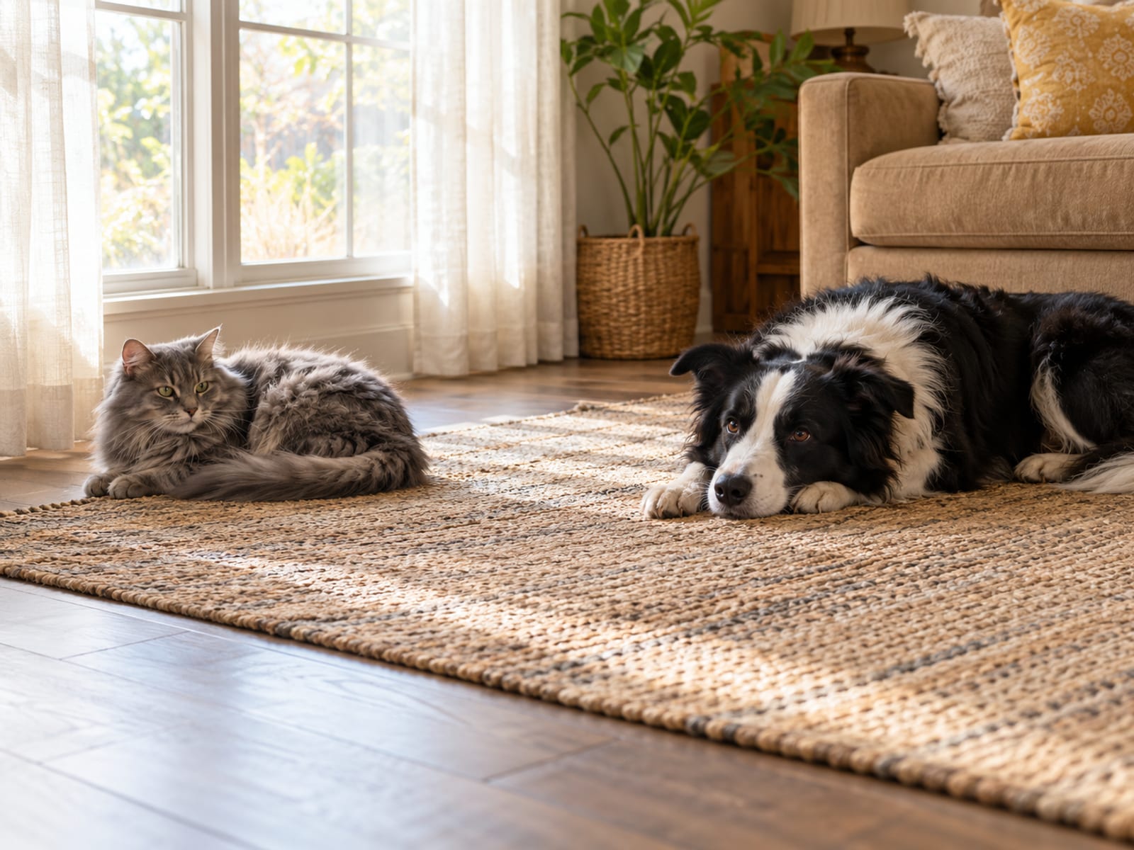A fluffy gray cat and a border collie resting on opposite ends of a living room rug near a sunny window.