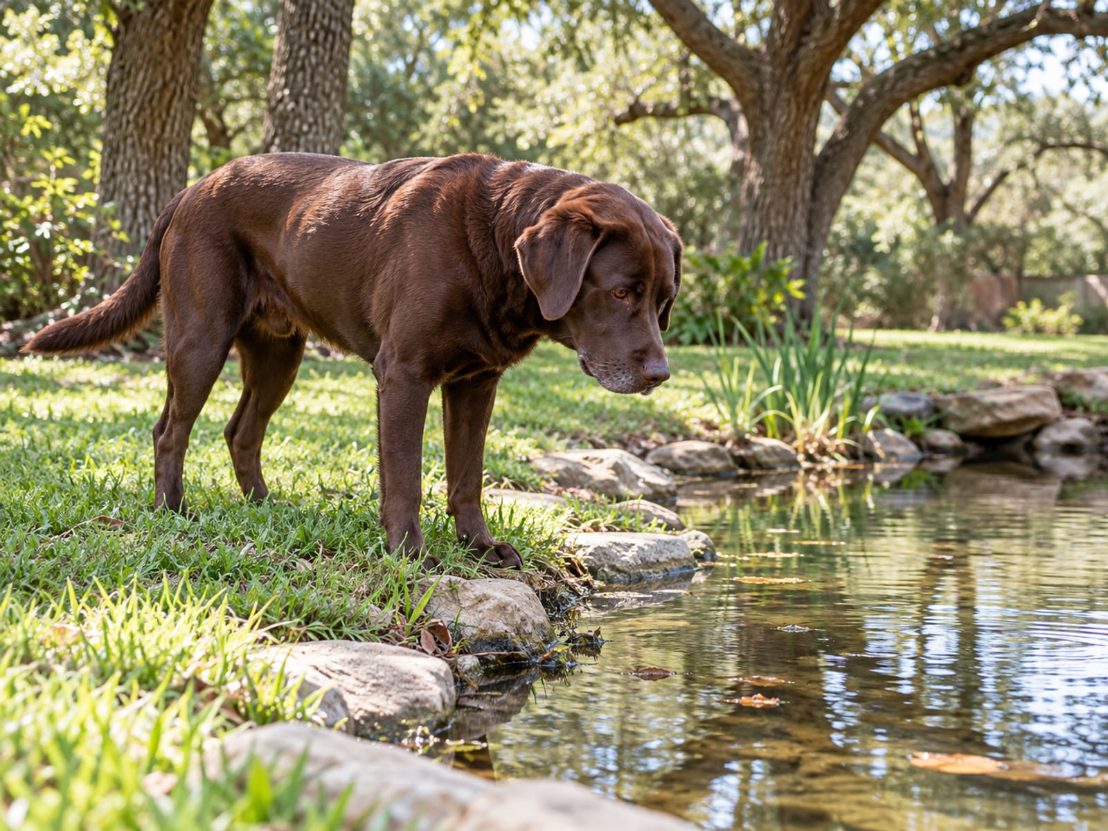 A brown Labrador retriever mix standing at the edge of a shallow backyard pond in live oak shade, looking at the water.