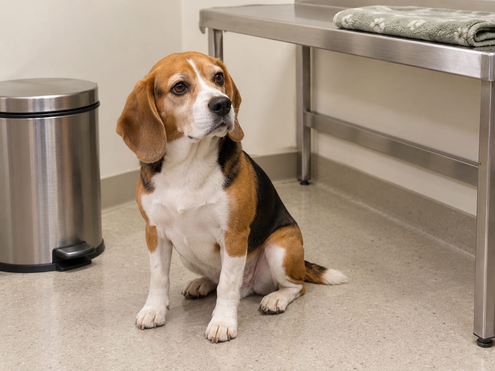 A beagle sitting calmly on the floor of a small clinic exam room beside a covered stainless steel bin, with a plain steel table and a folded blanket.