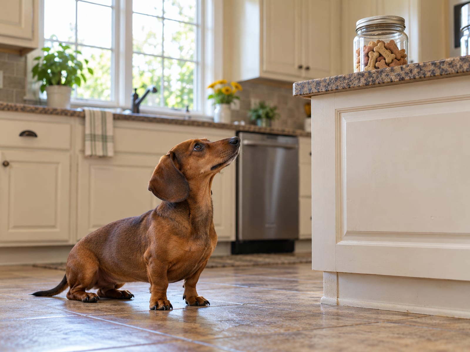 Dachshund sitting on the kitchen floor beside the counter looking up at a plain unlabeled glass jar