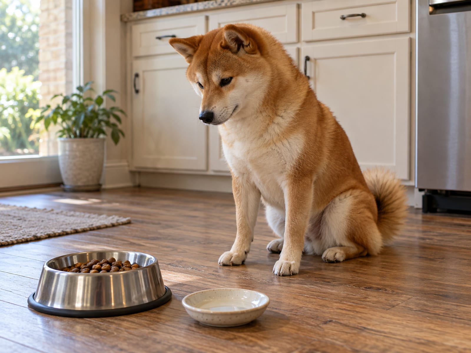 Shiba Inu sitting on a kitchen floor near a steel bowl of plain kibble and a small empty saucer