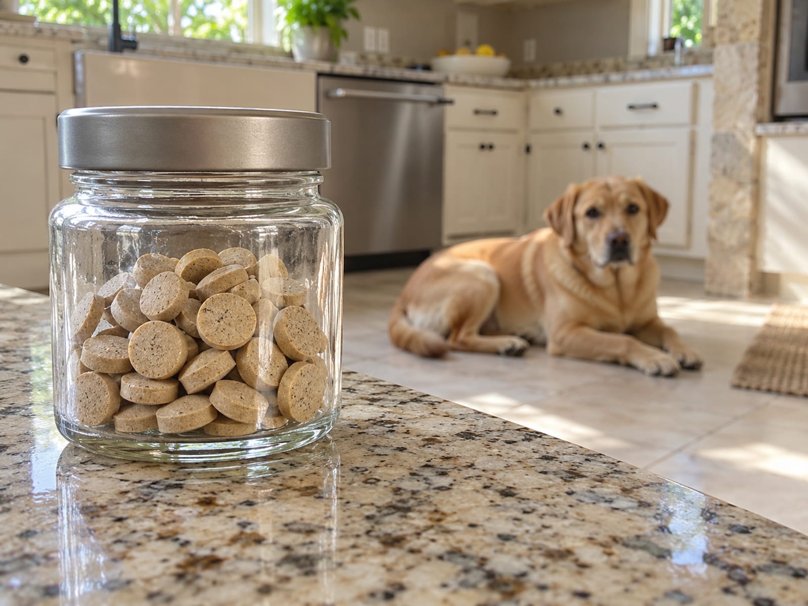 Plain unlabeled glass jar of round tablets on a kitchen counter with a tan Labrador mix lying on the tile floor behind it
