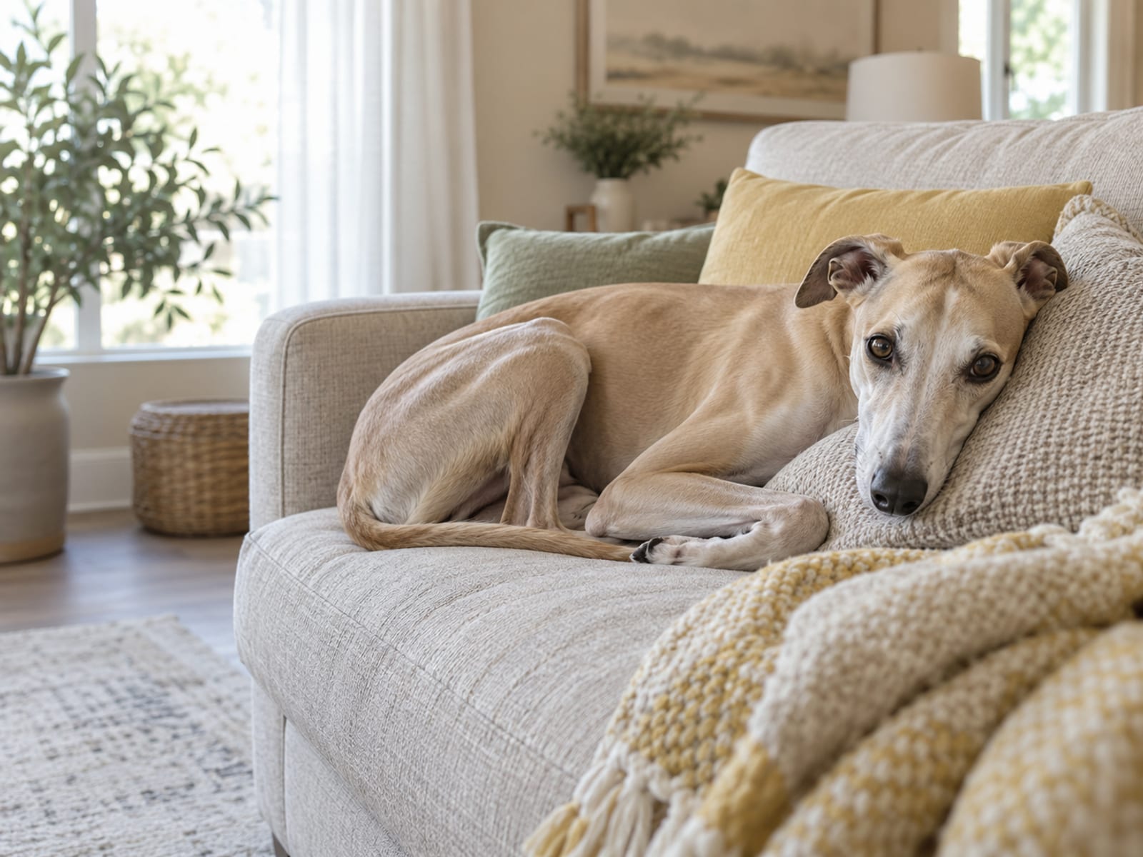 Whippet lying relaxed on a sofa in a bright living room