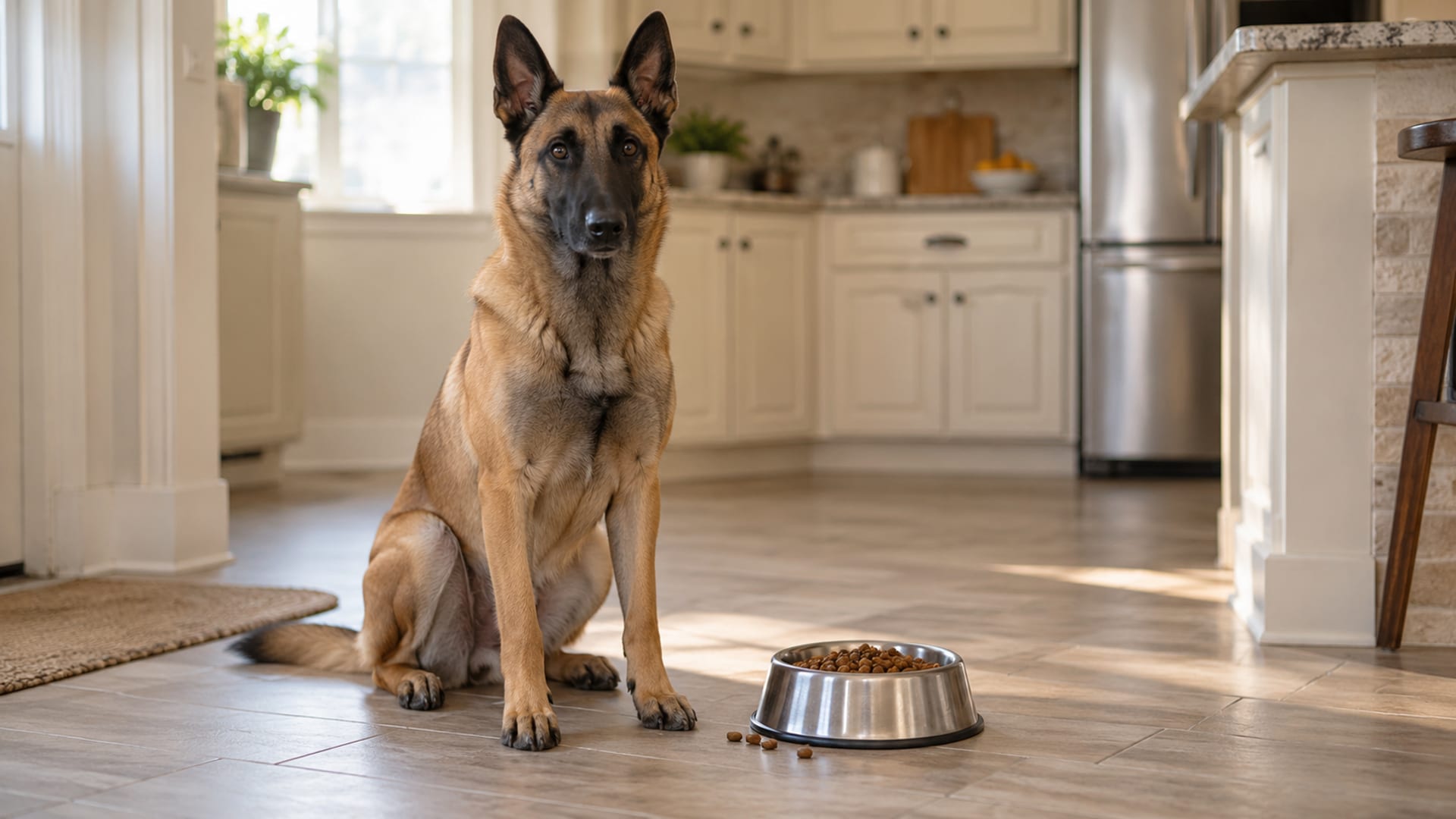 Belgian Malinois sitting on a sunny kitchen floor beside a steel bowl of plain dry kibble