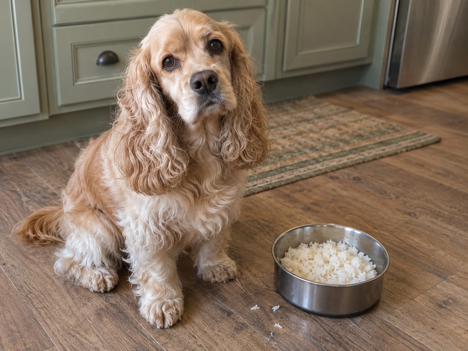 Cocker spaniel sitting beside a steel bowl of plain white rice on a kitchen floor