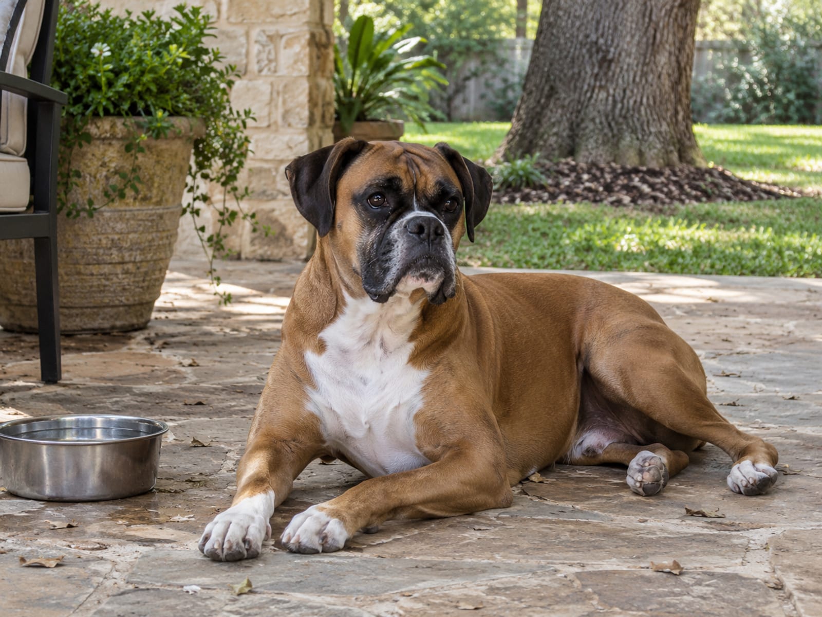 Boxer lying in patio shade beside a steel water bowl