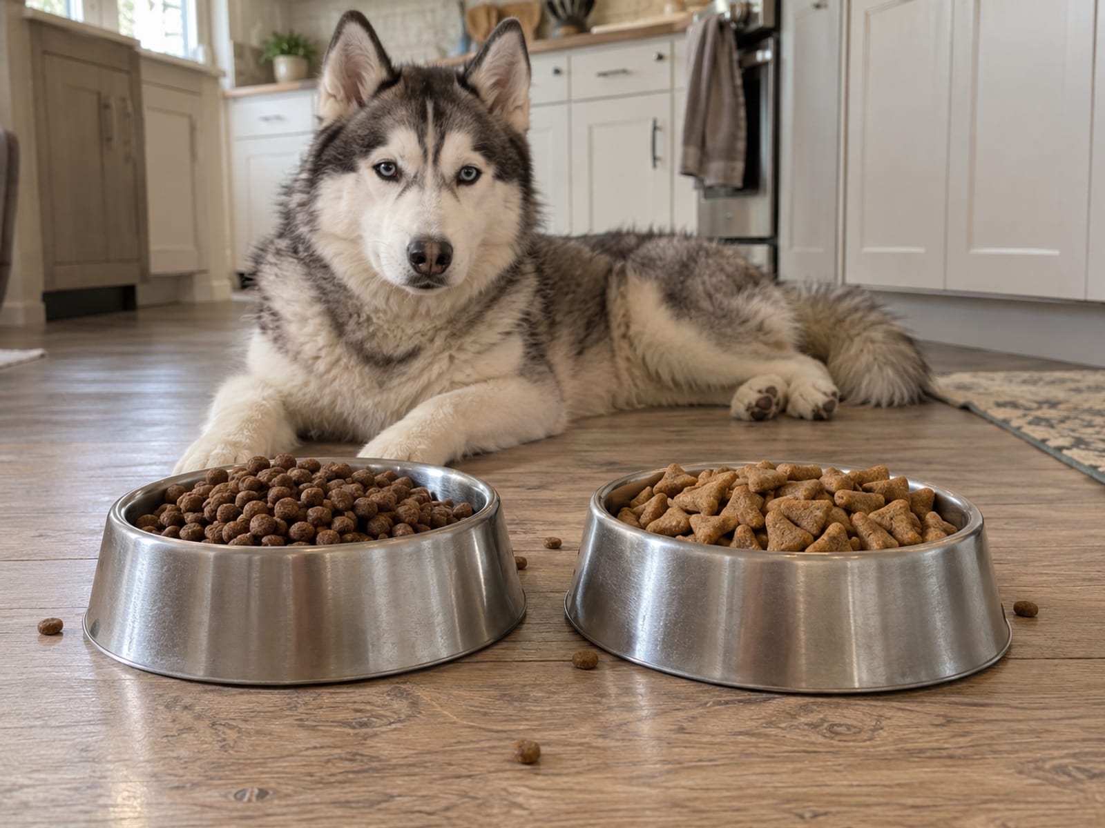 Two steel bowls holding different kibble on a kitchen floor with a Siberian husky lying nearby