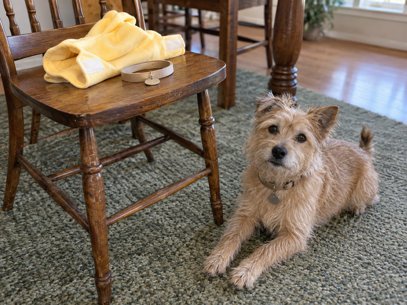 Soft pet costume folded on a dining chair next to a plain collar with an ID tag, a small terrier mix lying on a rug nearby