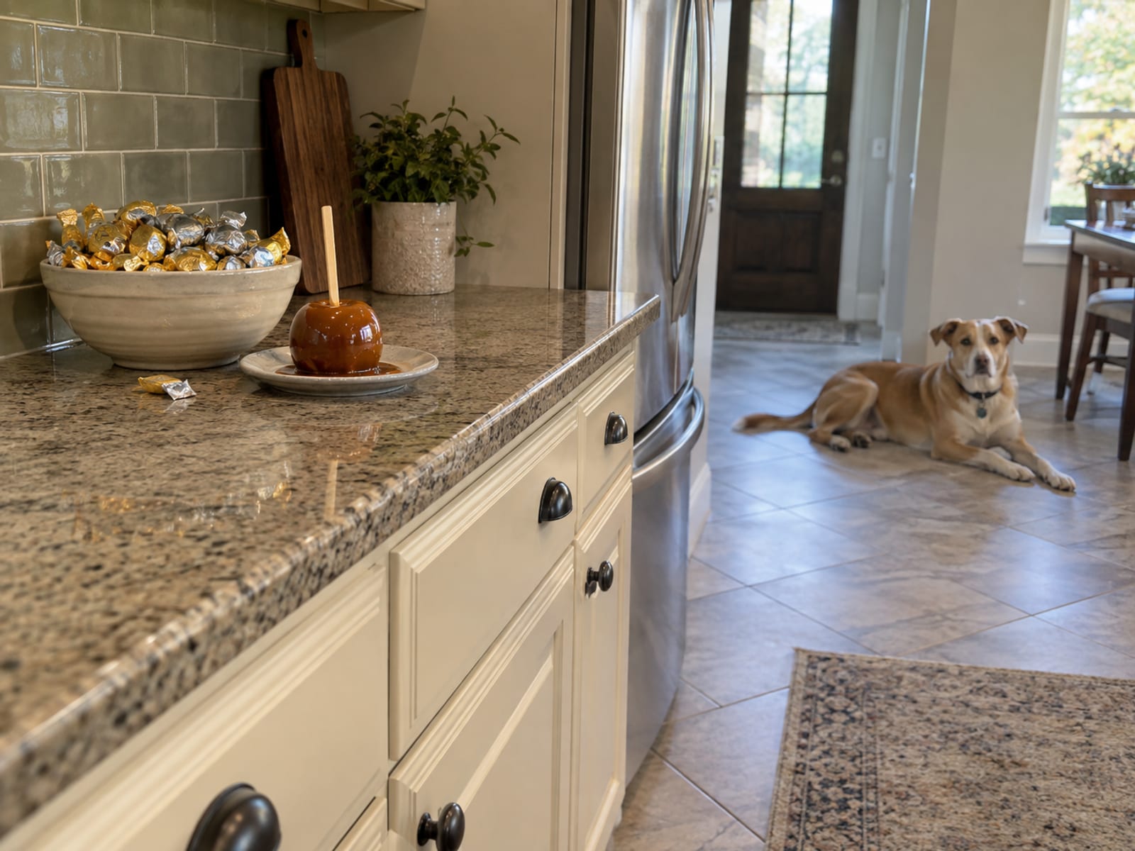Bowl of foil-wrapped chocolates and a caramel apple on a stick at the back of a kitchen counter, a mixed-breed dog lying on the floor across the room
