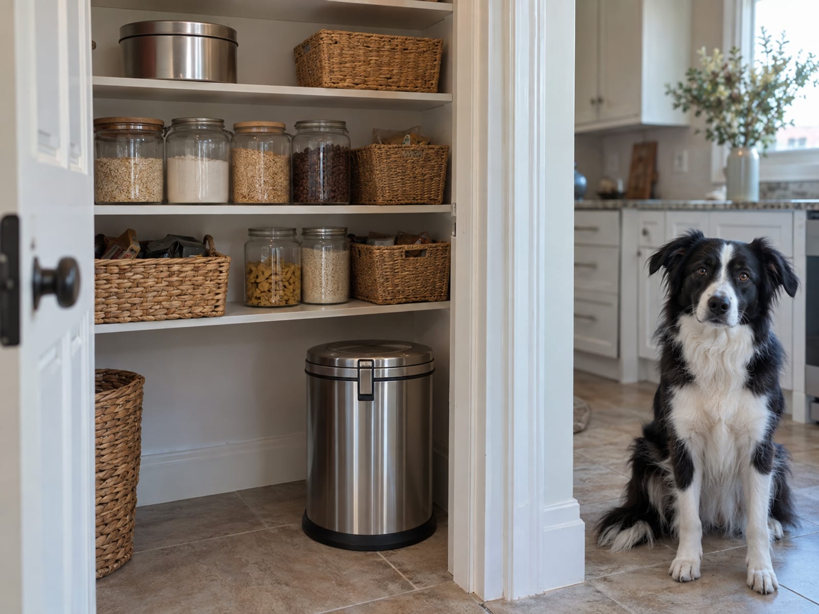 Open pantry with a lidded tin on the top shelf and a closed trash can with a locking lid below, a dog sitting in the kitchen doorway