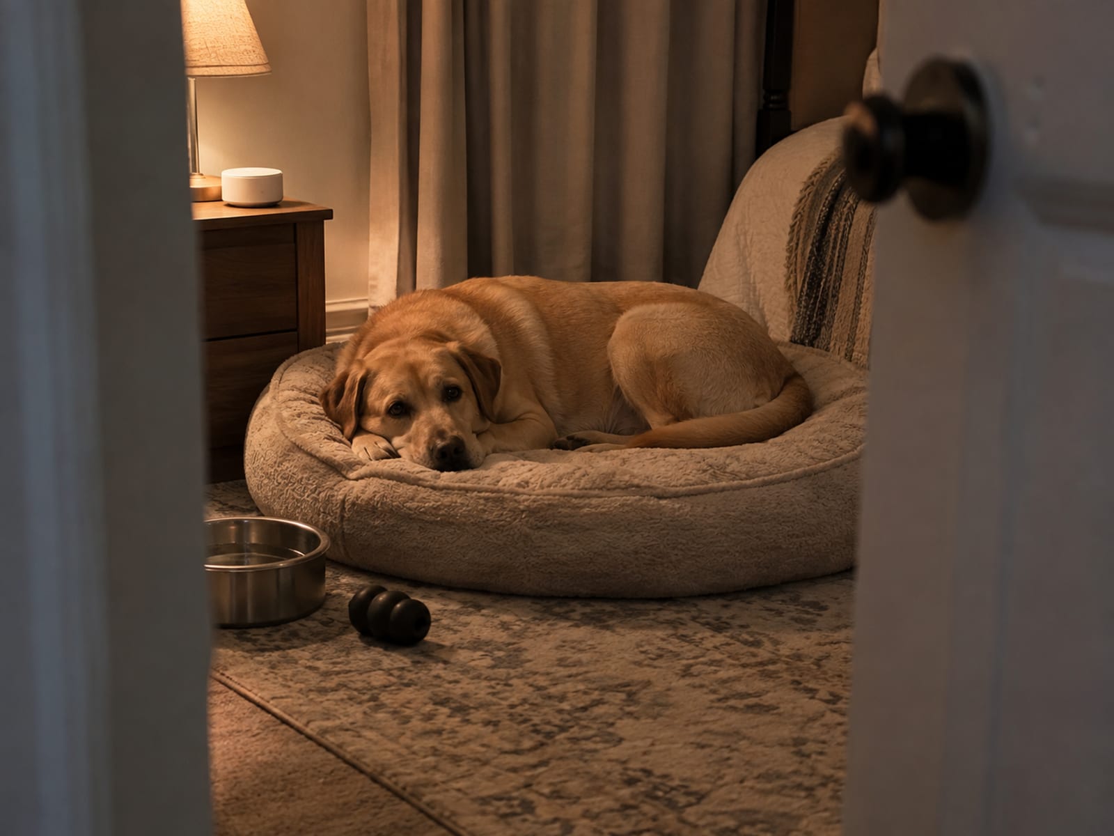 Dog resting on a bed in a quiet back bedroom with a water bowl, a chew toy and a small white noise machine, the door half closed