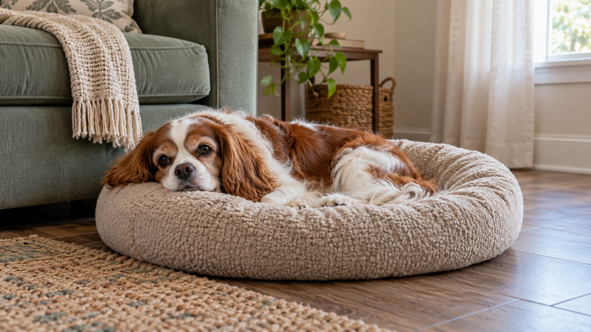 Senior Blenheim Cavalier King Charles spaniel lying calmly on a round dog bed beside a sofa in soft daylight