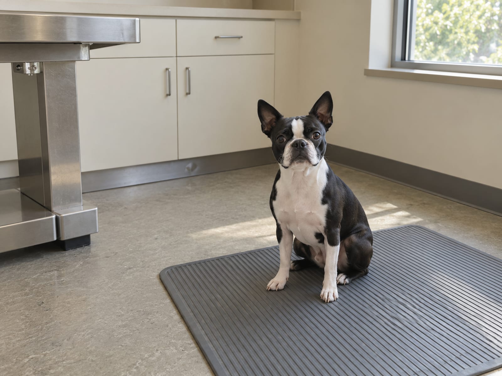 Black and white Boston terrier sitting calmly on a rubber mat in a tidy veterinary exam room by a sunlit window