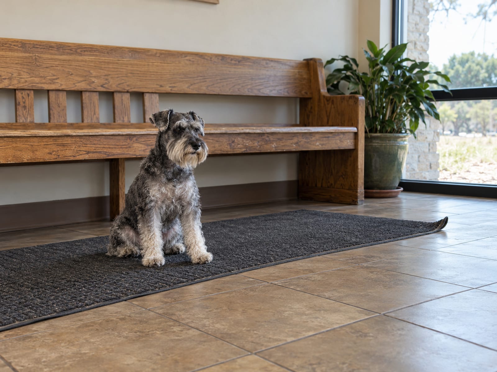 Salt and pepper miniature schnauzer sitting calmly on a rubber floor mat in a quiet veterinary waiting area beside a wooden bench