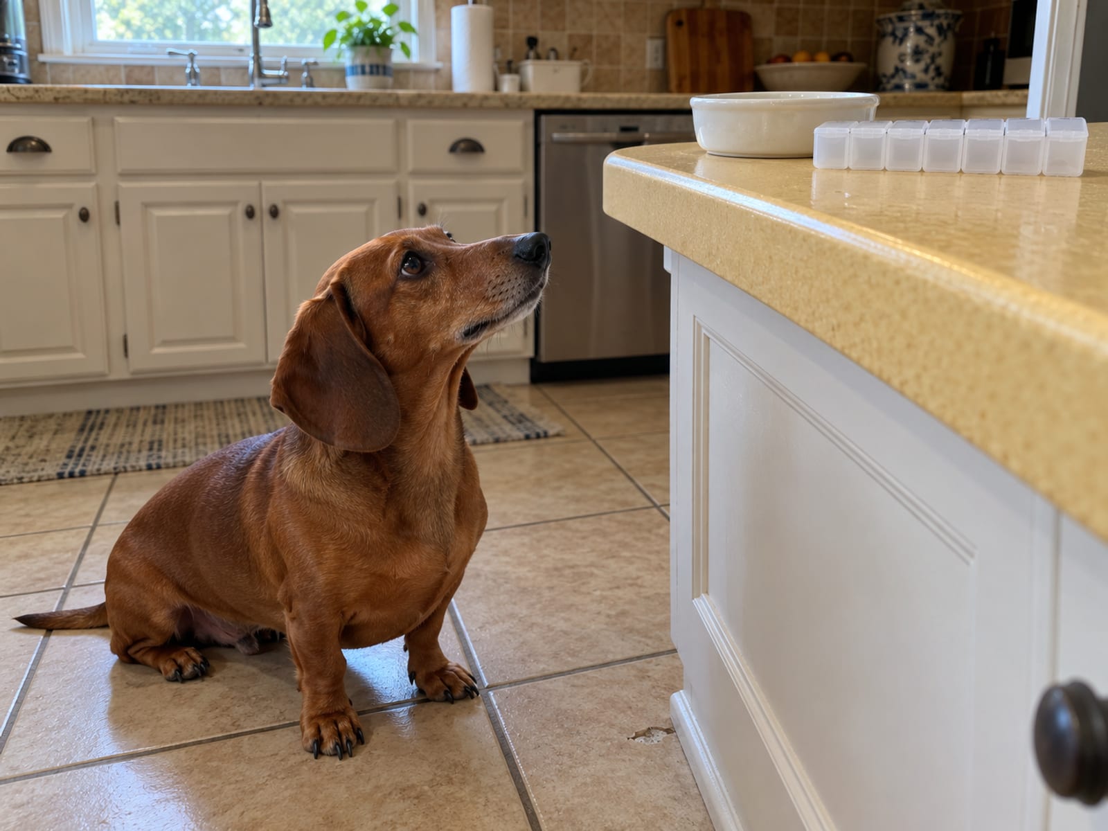Red dachshund sitting on a tile kitchen floor looking up at a counter with a plain ceramic dish and a plain pill organizer