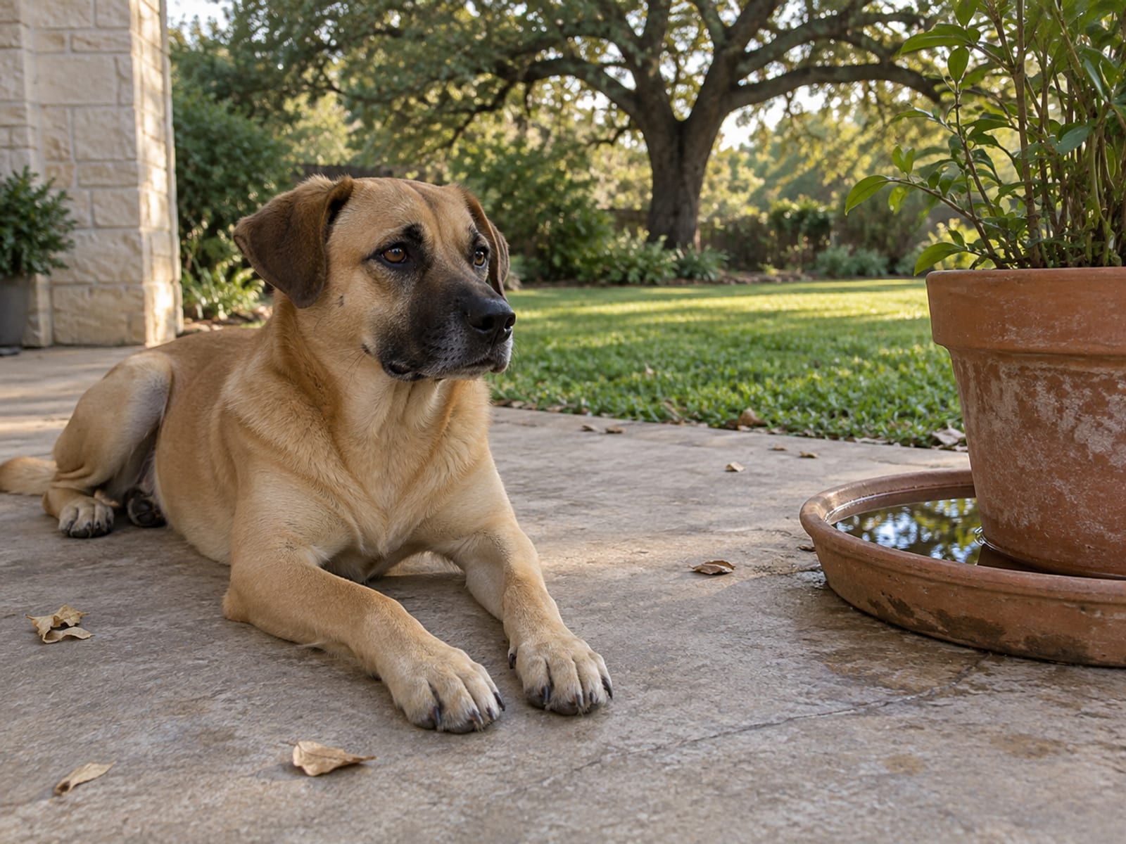 Short-coated black mouth cur mix lying on a back patio next to a plant saucer holding a little rainwater, a live oak and lawn behind