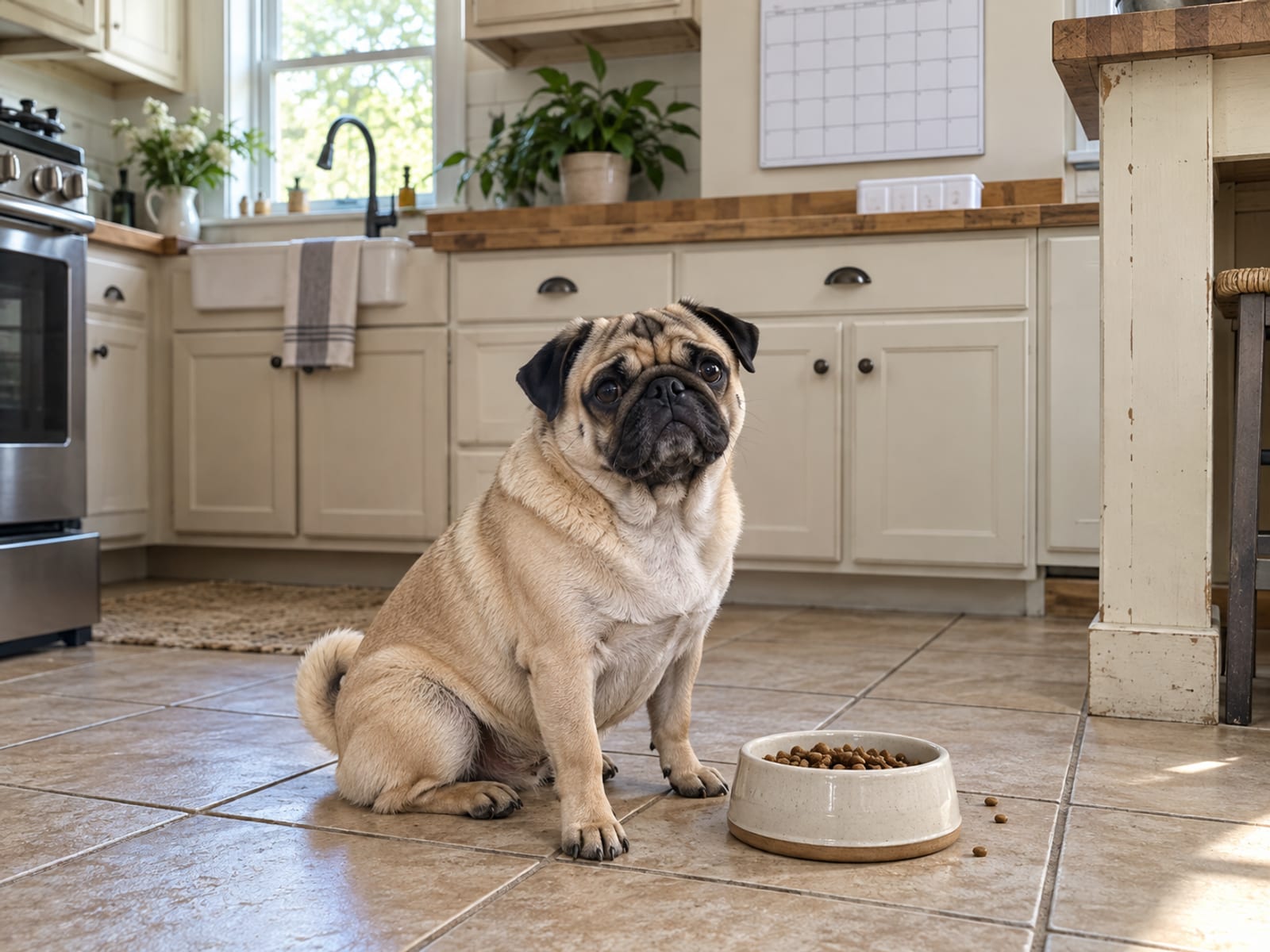 Fawn pug sitting on a tile kitchen floor next to its food bowl, a blank wall calendar and a small white pill box on the counter behind