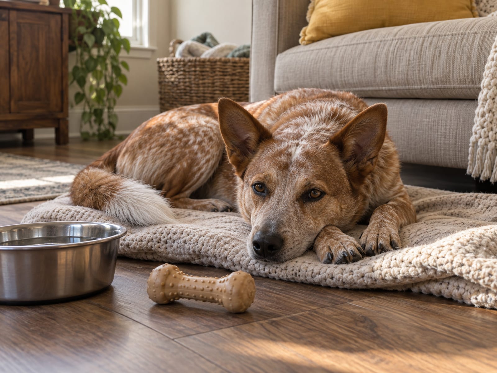 Red heeler mix resting on a folded blanket in a living room with a water bowl and a plain rubber chew toy beside it