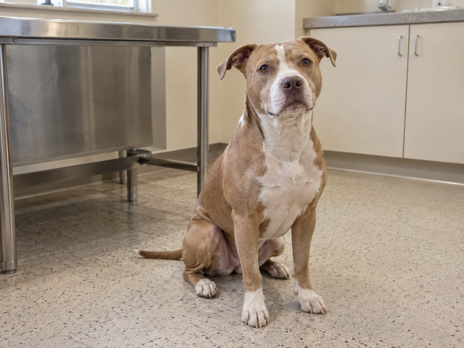 Tan and white pit bull terrier mix sitting calmly on the floor of a veterinary exam room in front of a steel exam table