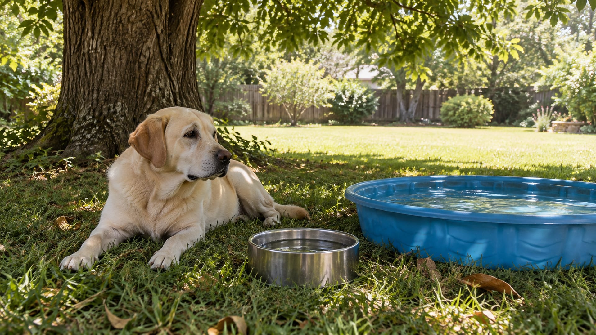 Labrador retriever resting in deep shade under a maple tree on cool grass beside a full water bowl and a small shallow wading pool