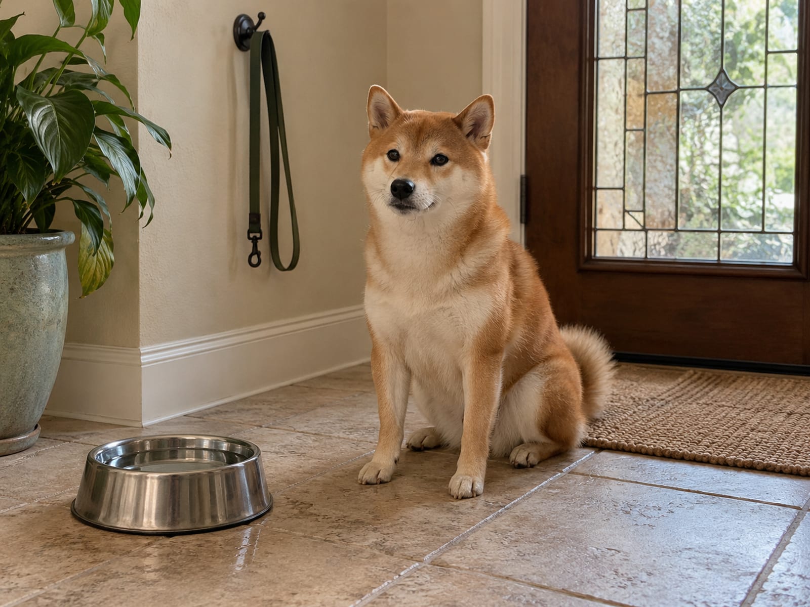 Shiba Inu sentado con calma en una entrada fresca y sombreada de una casa, junto a una correa colgada de un gancho y un plato de agua lleno