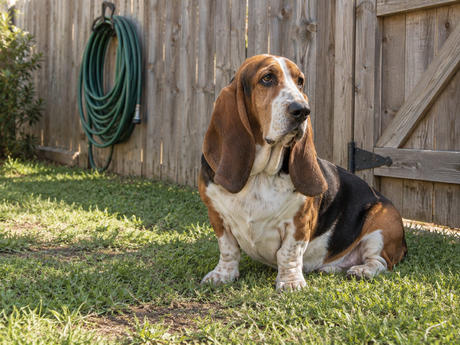 Basset hound sentado junto a la reja cerrada de madera de un patio cercado de barrio, con una manguera de jardín enrollada en un gancho detrás