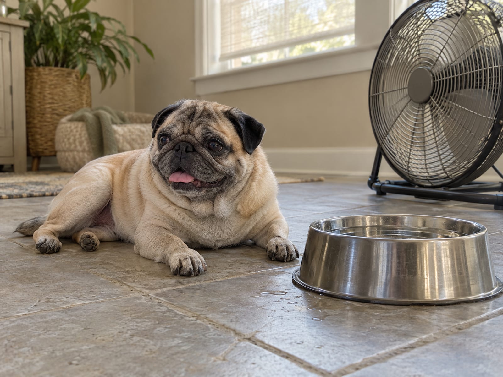 Pug descansando con calma sobre un piso fresco de loseta en un cuarto luminoso y sombreado, con un ventilador de piso girando cerca y un plato de agua lleno al lado