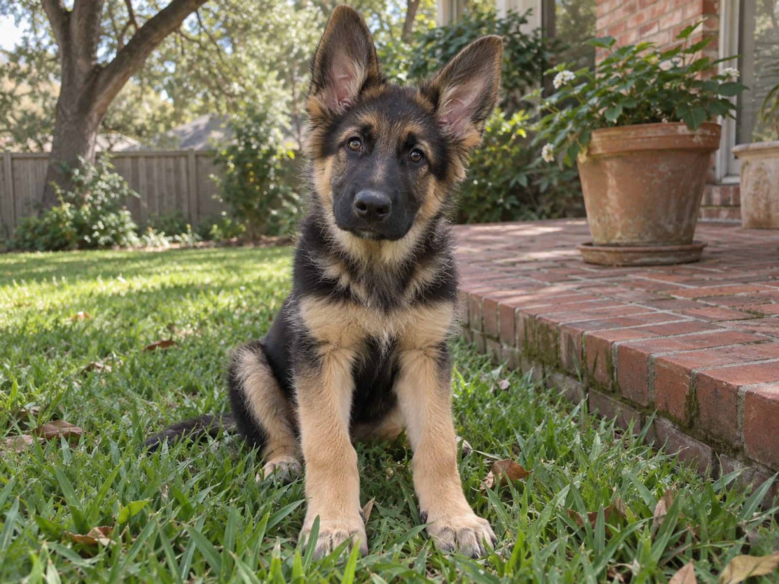 Large German shepherd puppy sitting on a backyard lawn beside a brick patio, big paws in front of it