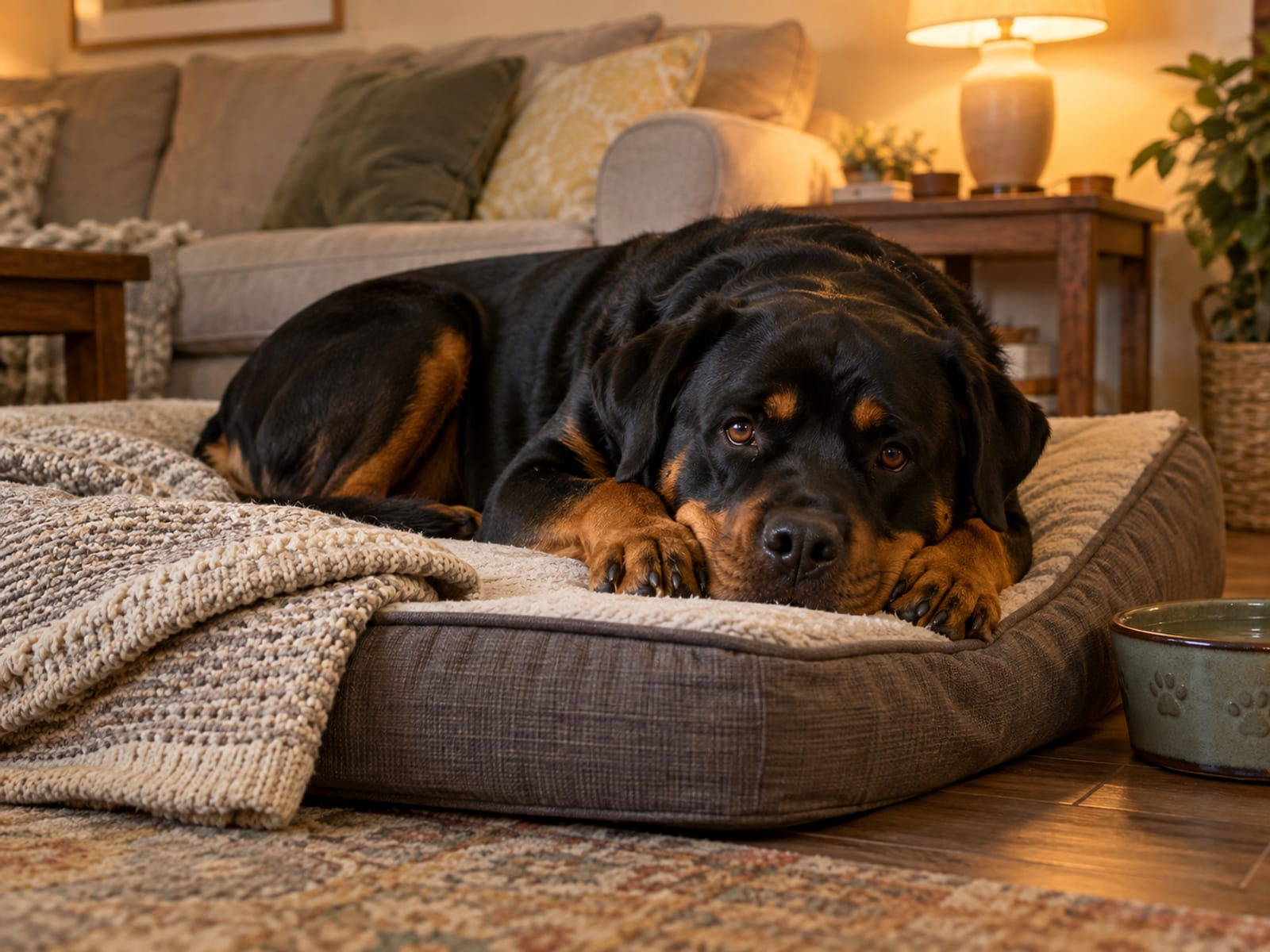 Rottweiler lying on a thick orthopedic bed in a quiet living room with a folded blanket and a water bowl beside it