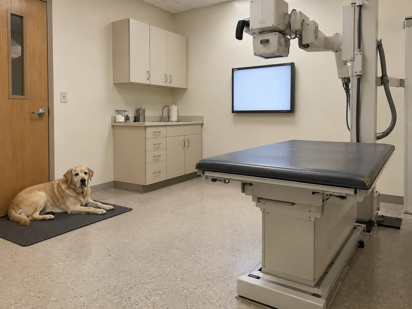 Veterinary imaging room with an empty padded table and a blank lit viewing screen, a yellow Labrador retriever lying on a mat by the door