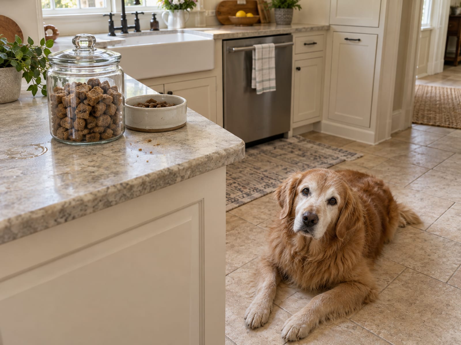 Plain unlabeled glass jar of chews and a small food bowl on a kitchen counter, a senior golden retriever lying on the tile floor below