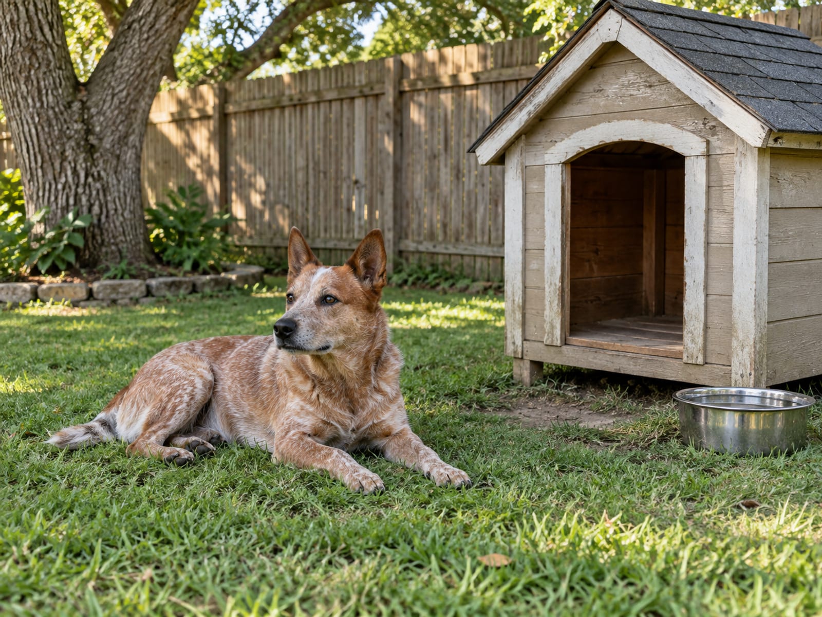 Red heeler lying on green grass in a fenced backyard beside a covered dog house and a full water bowl