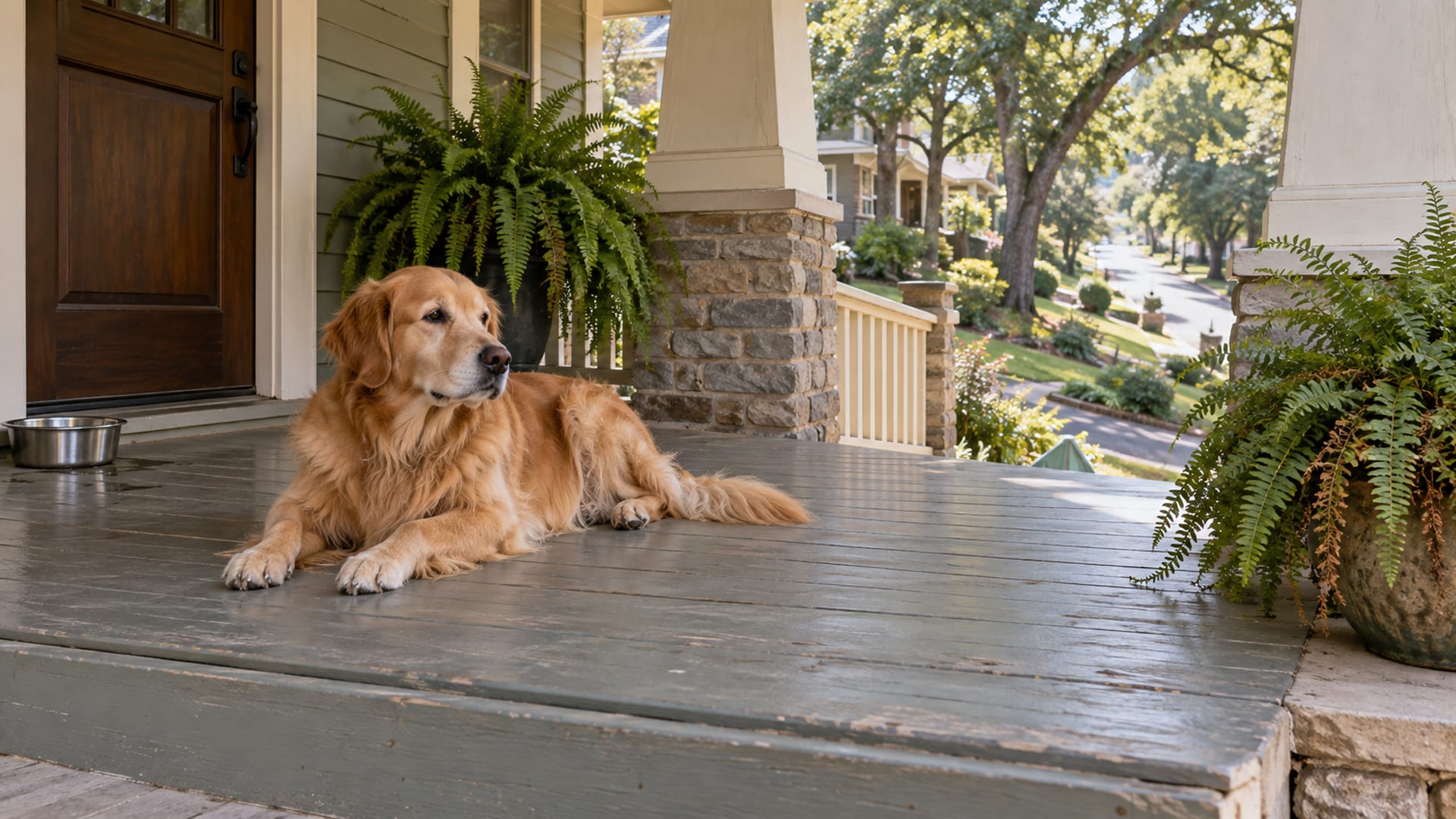 Golden retriever lying on the shaded front porch of a craftsman bungalow beside a water bowl and potted ferns